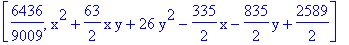 [6436/9009, x^2+63/2*x*y+26*y^2-335/2*x-835/2*y+2589/2]